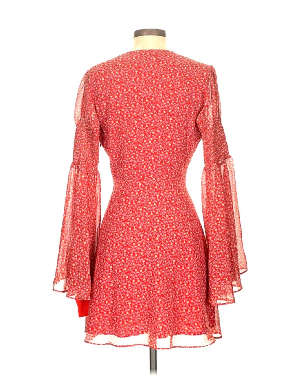 Vici Collection "Desiree" Red/Orange Floral Bell Sleeve Tie-Front Dress - Picture 9 of 13